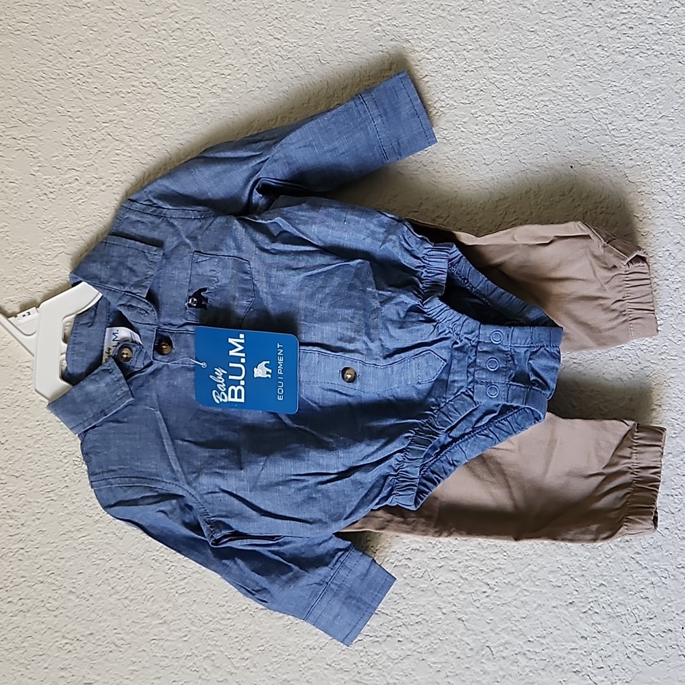 BABY BUM Baby Boy 2 Piece Set Blue Onsie Shirt Khaki Pants Sz 9 Months Cute NWT